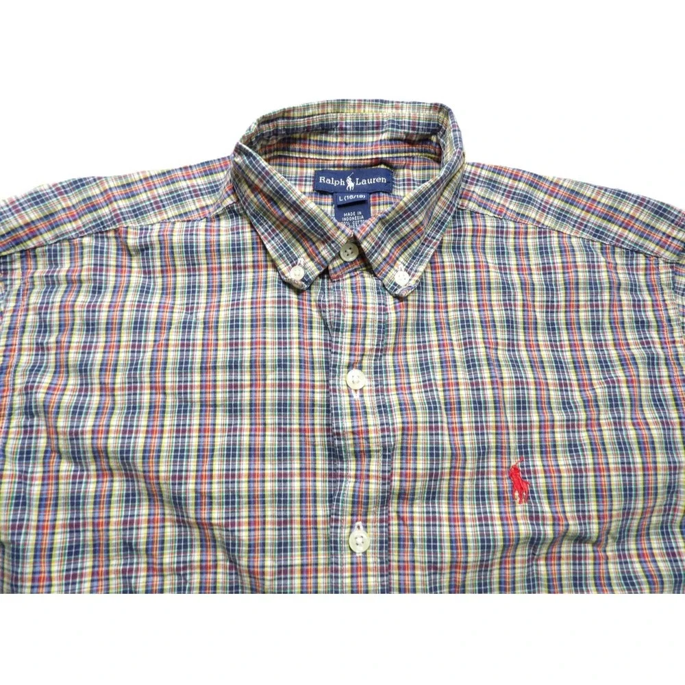 Ralph Lauren Boys Large 16/18 Plaid Button Down Shirt Madras OCBD Cotton LS Pony
